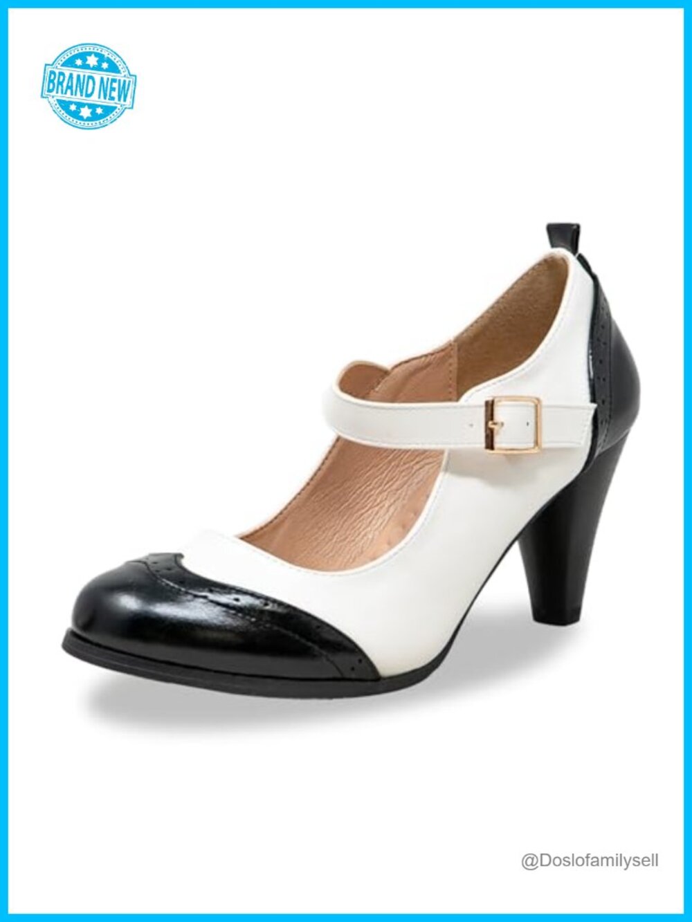 Two Tone Mary Jane Pumps Round Toe Heeled Adjustable Buckle Retro